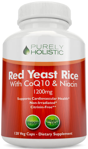 Red Yeast Rice 1200mg with CoQ10 - Flush Free Niacin, 120 Vegetarian Capsules - Non Irradiated - Citrinin Free - Supports Healthy Cholesterol Levels & Cardiovascular System
