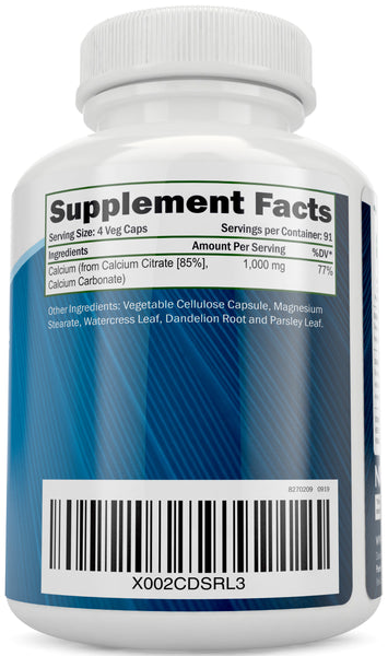 Calcium Citrate 1000mg 365 Vegan Capsules, Supports Health of Bones and Teeth - with Added Parsley, Dandelion and Watercress