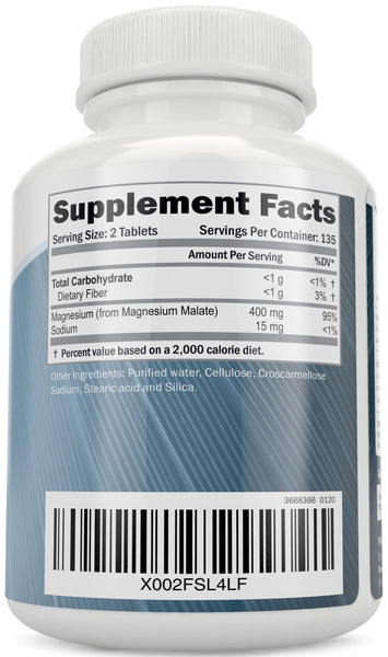Magnesium Malate 400mg Tablets , 270 Vegetarian Tablets, Chelated Magnesium Supplement with Malic Acid