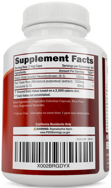 Red Yeast Rice 1200mg with CoQ10 - Flush Free Niacin, 120 Vegetarian Capsules - Non Irradiated - Citrinin Free - Supports Healthy Cholesterol Levels & Cardiovascular System
