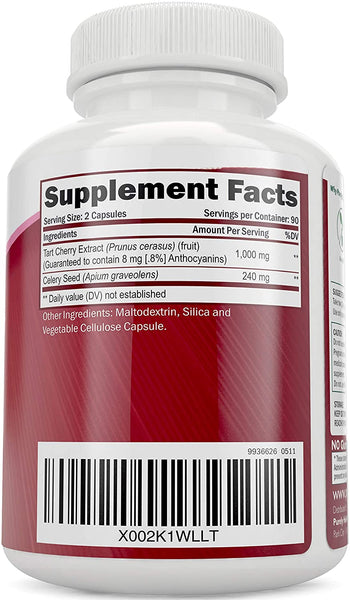 Tart Cherry Extract Capsules 1,000mg - 180 Capsules, 3 Month Supply - Blend of Tart Cherry and Celery Seed Powder - Powerful Antioxidant for Advanced Uric Acid Cleanse & Joint Support