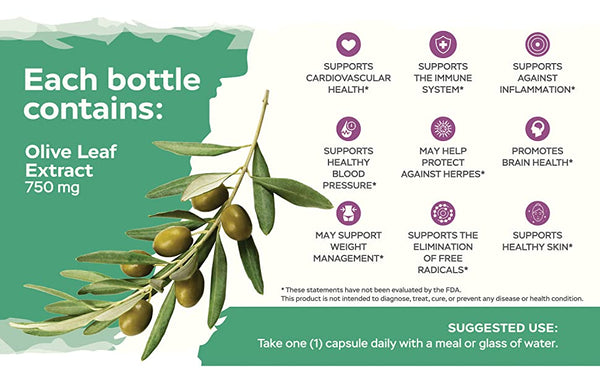 Olive Leaf Extract 750mg Triple Strength 150mg Oleuropein (20% Oleuropein) Standardized Extract
