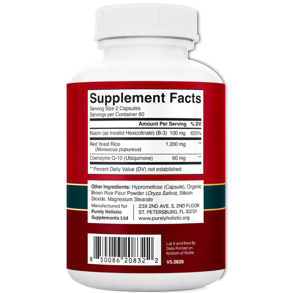 Red Yeast Rice 1200mg with CoQ10 - Flush Free Niacin, 120 Vegetarian Capsules - Non Irradiated - Citrinin Free - Supports Healthy Cholesterol Levels & Cardiovascular System