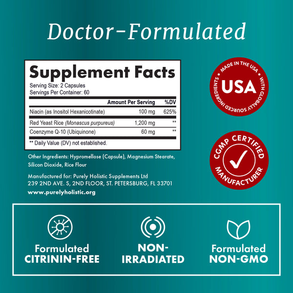 Red Yeast Rice 1200mg with CoQ10 - Flush Free Niacin, 120 Vegetarian Capsules - Non Irradiated - Citrinin Free - Supports Healthy Cholesterol Levels & Cardiovascular System