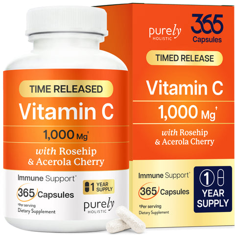 Vitamin C 1000mg 365 Capsules, 2 Stage Time Release with Ascorbic Acid, Rosehip and Acerola Cherry Bioflavonoid, Vegetarian and Vegan