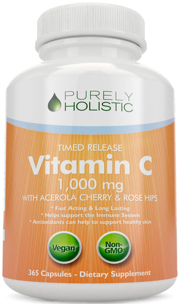 Vitamin C 1000mg 365 Capsules, 2 Stage Time Release with Ascorbic Acid, Rosehip and Acerola Cherry Bioflavonoid, Vegetarian and Vegan
