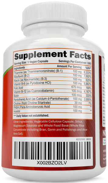 Vitamin B Complex 180 Vegan Capsules - 8 Super B Complex Vitamins with Choline & Inositol, Vitamins B1, B2, B3, B5, B6, B8, B9 & B12