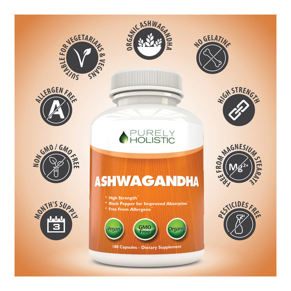 Organic Ashwagandha Capsules with Black Pepper, 180 Capsules 3 Month Supply